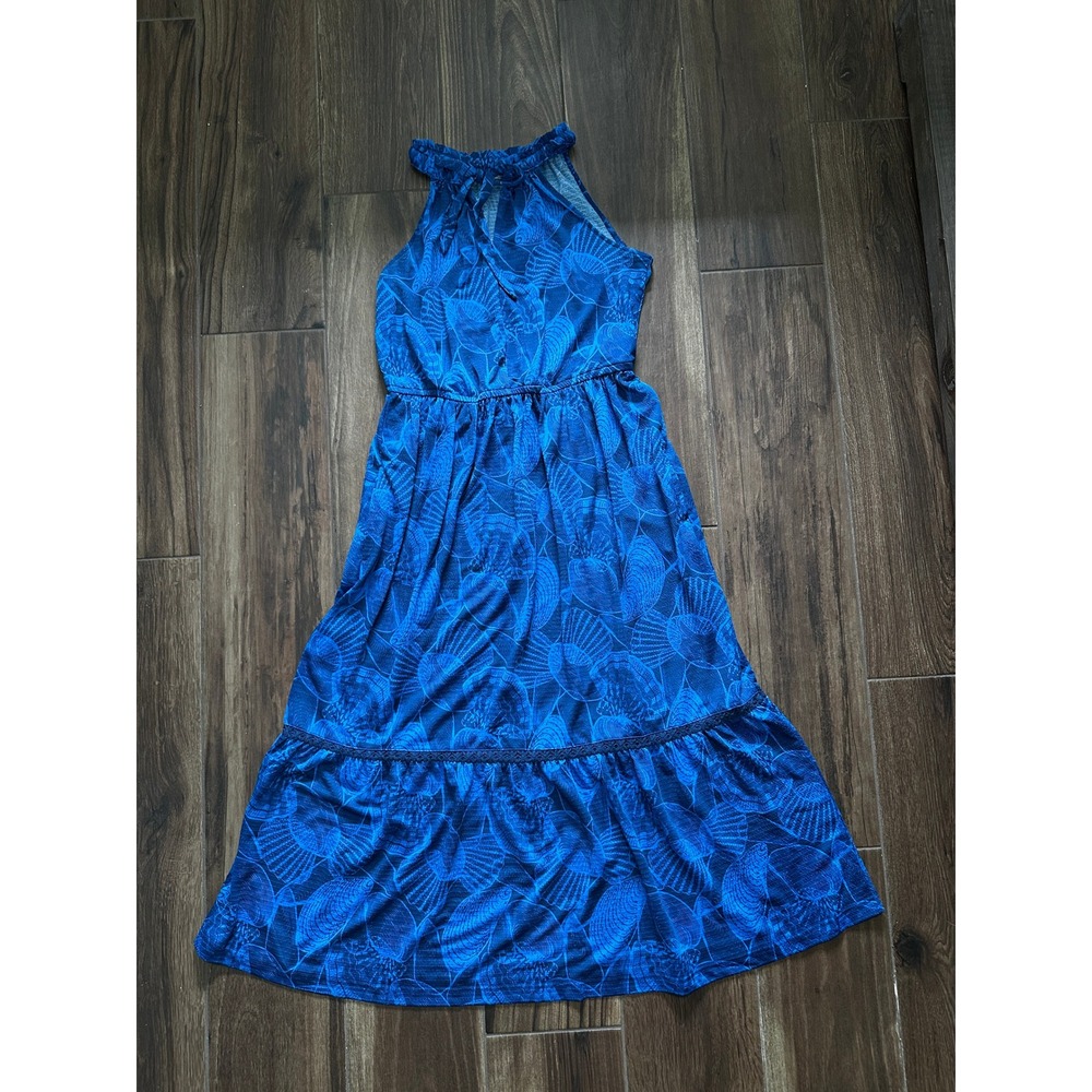 Cabana Life Blue Seashell Halter Maxi Dress‎ Womens Large Tiered Resort Wear